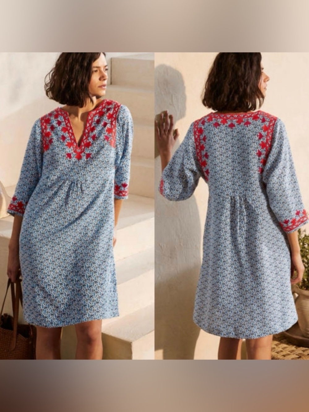 Boden Embroidered Linen Shift Dress- Pink/Red Embroidery and Blue Paisley Design